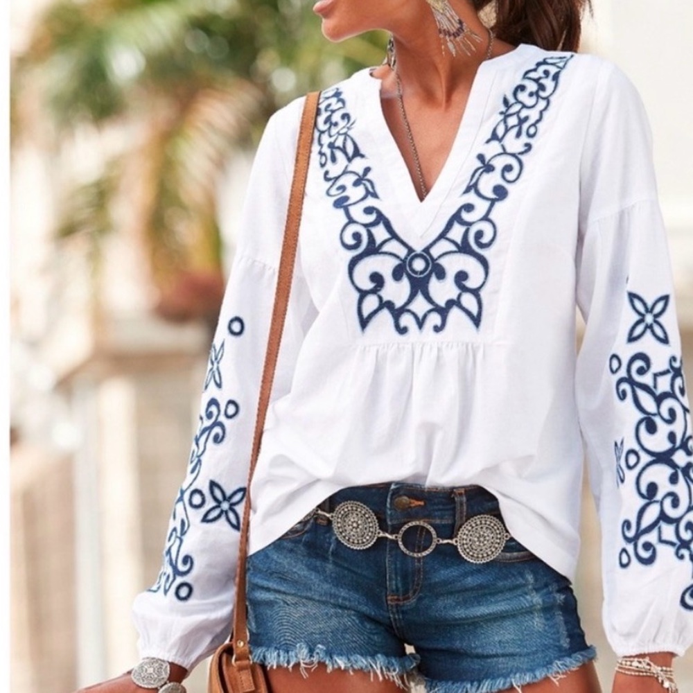 Chic White Blouse with Blue Embroidery